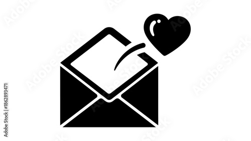 a black and white icon of an open envelope with a heart coming out