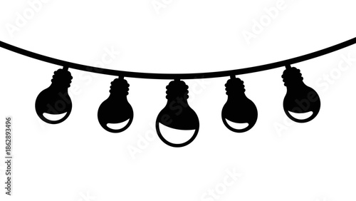 black silhouette of five hanging light bulbs on a string against white background