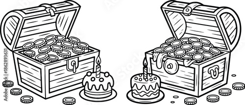 Treasure Chest Coins and Birthday Cake Line Art.