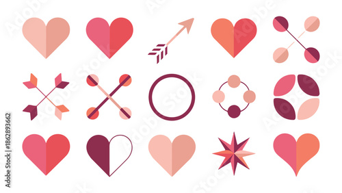 Geometric Love Designs: A collection of heart-shaped designs and related elements, perfect for celebrating love and romance, conveying emotions through a minimalist design.