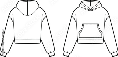 Cropped hoodie technical flat sketch showing front and back views, apparel fashion vector illustration for garment design specification template blueprint