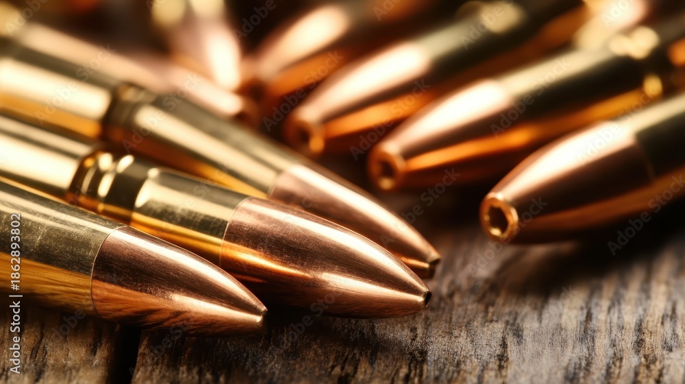 Fototapeta premium A close-up of a collection of shiny metallic bullets arranged on a wooden surface, representing industrial design and the design of ammunition within a raw environment.