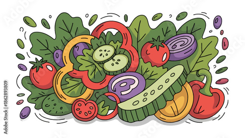 Fresh Garden Salad: A vibrant and appetizing illustration of a fresh garden salad, showcasing a medley of colorful and healthy ingredients.