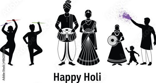Happy Holi festival celebration, Indian family silhouettes with traditional dance, music, colors, cultural heritage, spring festival illustration design, vector art