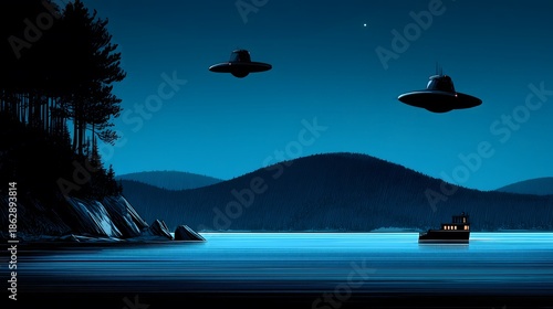 A serene night scene with UFOs hovering over a lake, a boat nearby, and forested hills in the background. Retro style illustration.