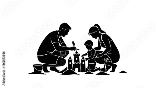 A family of three building sandcastles together on a sunny beach