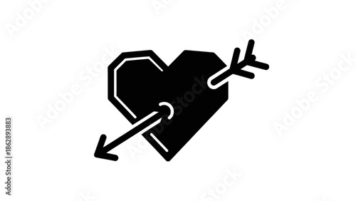 A black heart pierced by an arrow on a white background in a minimalist graphic design