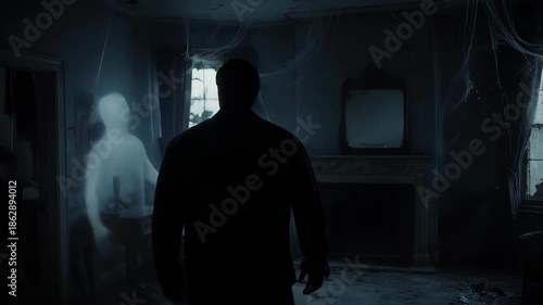 Eerie room with ghostly figures and a man in shadow