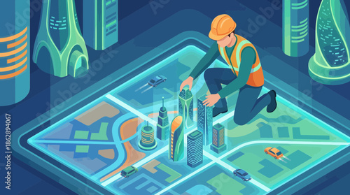 Construction engineer interacting with holographic city map and futuristic buildings on a digital interface, concept for urban planning development, infrastructure management and smart city technology