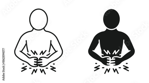 Stomach and abdominal pain icon set in outline and silhouette style for digestion problems and healthcare concept, vector illustration.