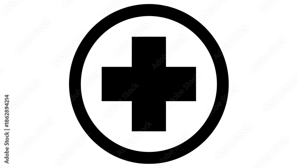 Fototapeta premium A black first aid cross symbol on a white background, simple medical icon