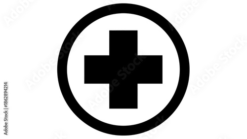 A black first aid cross symbol on a white background, simple medical icon