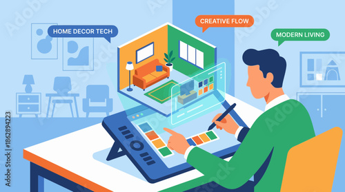 Interior designer uses digital drawing tablet and holographic interface to design a modern living room layout, concept for home decor tech, creative flow, and interior visualization