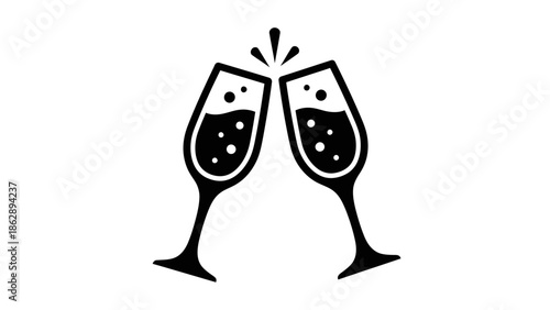 Two wine glasses clinking together in a celebratory toast with bubbles rising