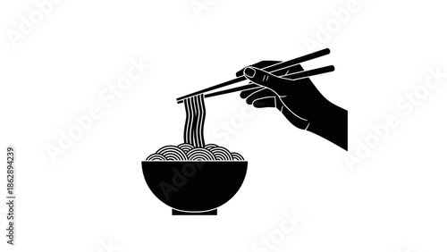 hand holding chopsticks picking noodles from bowl on white background