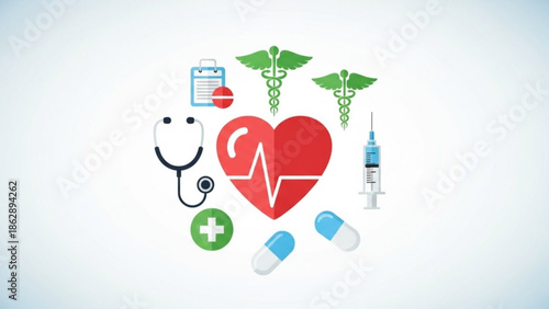 Medical symbols and icons including stethoscope, heart rate, pills, syringe, and caduceus on white background for healthcare and medicine concepts
