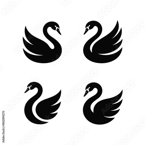 Four elegant black swan silhouettes represent grace and duality in various.