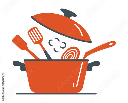 Cooking pot with utensils and steam indicates hot meal preparation is.