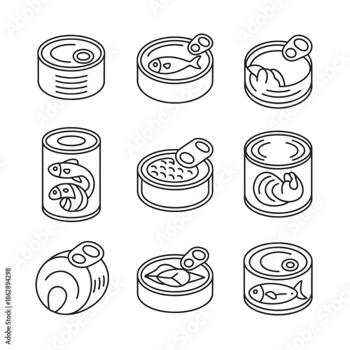 Assortment of nine line art icons depicting various opened and sealed food.