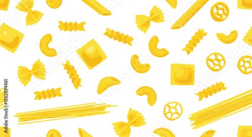 Seamless pattern of various Italian pasta shapes including farfalle penne fusilli ravioli macaroni and spaghetti for restaurant menu food design.