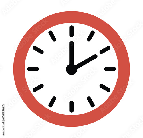 Classic analog clock face displays two o'clock position with bold red.