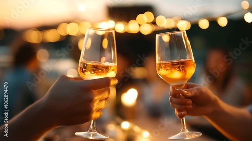Friends clinking drinks on rooftop terrace at dusk, celebration gathering, social lifestyle, urban entertainment scene, string lights defocused in background, summer evening vibes, with copy space