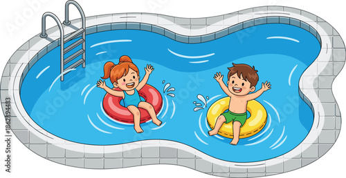 Happy children playing in a swimming pool with colorful inflatable rings for summer vacation leisure and family fun design