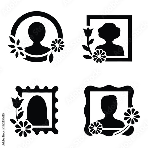 Silhouettes of four framed memorial portraits decorated with floral.