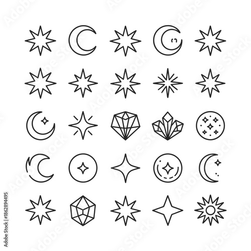 Set of minimal line art icons featuring celestial bodies and geometric.