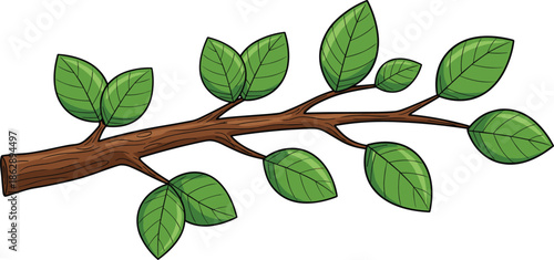 Colorful hand drawn green leafy tree branch vector illustration with textured wood bark for nature environment and botanical design