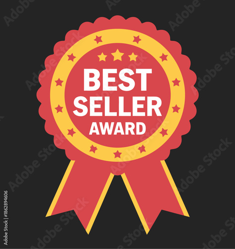 Best seller award badge with red ribbon symbolizes commercial success.