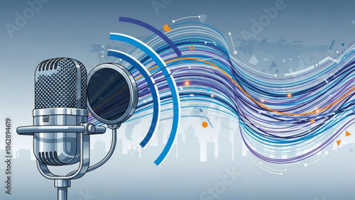 Professional studio microphone with colorful dynamic sound wave lines on a modern gradient background for podcasting broadcasting music production
