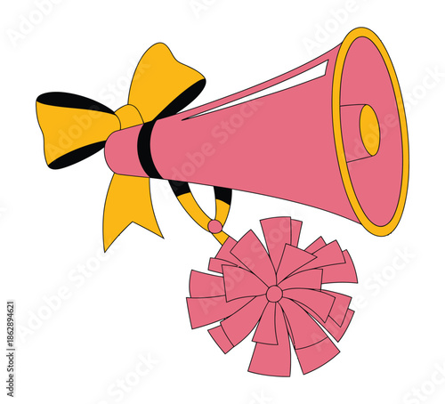 Pink cheerleader megaphone decorated with yellow bow and pom-pom accessory.
