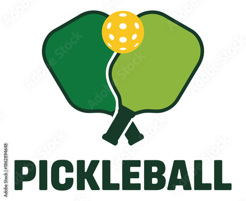 Pickleball equipment logo features two paddles crossed with a bright ball.