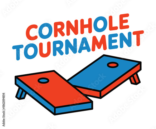 Cornhole tournament graphic features two colorful bean bag toss game.