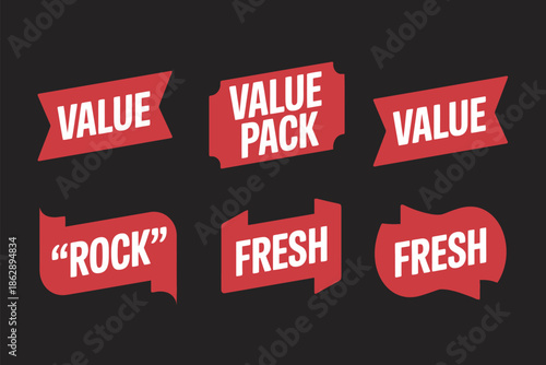 Collection of six red ribbons and banners featuring promotional sale words.