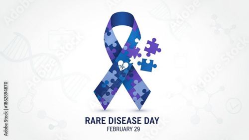 Rare disease day awareness campaign with blue puzzle piece ribbon symbolizing support and solidarity for patients with rare genetic disorders on february 29