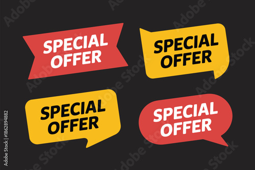 Various shapes of colorful special offer banners attract customers.