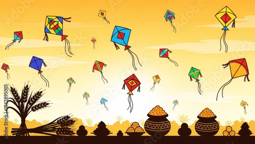 Colorful kites flying in the sky with traditional indian decorations and wheat bundles at sunset with kite flying and festive and celebration