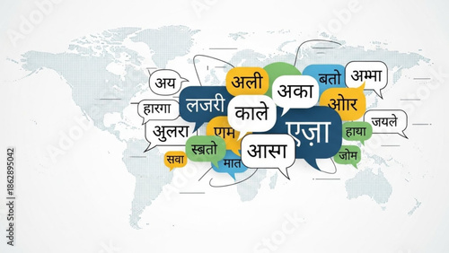 Multicolored speech bubbles with foreign text on a world map background, symbolizing global communication and language diversity in a vibrant, modern illustration