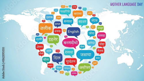 Mother language day, colorful speech bubbles in different languages on a world map background, celebrating linguistic diversity and cultural heritage globally