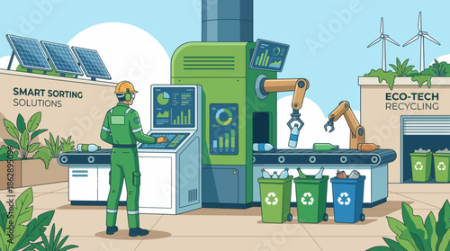 Factory technician operates smart sorting machine using renewable energy for waste management, concept for sustainability report, environmental consulting and automation industry