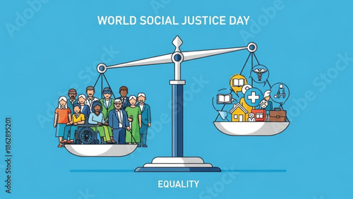 World social justice day concept with people on one side of scale and healthcare education housing on the other side representing equality and fairness in society