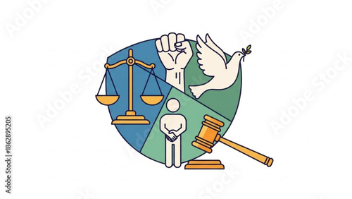 Justice, peace, and harmony concept with scales, dove, raised fist, and gavel, symbolizing law, order, and unity with freedom and rights and equality