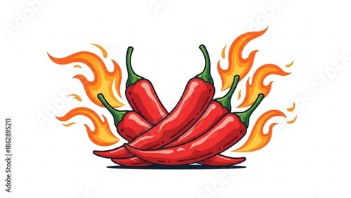 Vibrant red chili peppers with flames burning around them, spicy food and hot sauce concept with cartoon style illustration with fire and spice