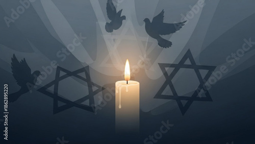 A serene candlelit scene with dove silhouettes and star of david symbols, representing peace and spirituality in a dark background with rays of light