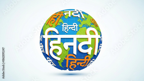 Globe with hindi text, colorful earth illustration, language concept, international communication, cultural diversity, global connection, world map, hindi language