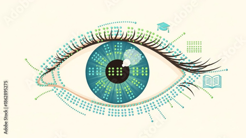 A blue eye with a black pupil and green and blue dots on the iris surrounded by a graduation cap, book and other educational icons on a pale yellow background