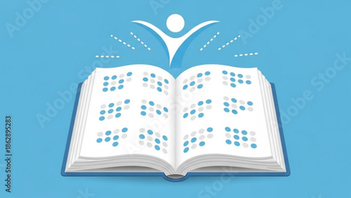 A stylized illustration of an open book with braille text and a person icon emerging from the pages on a blue background conveying education and accessibility