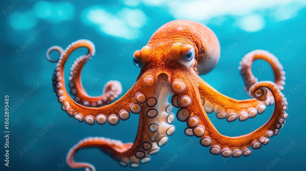 Obraz premium This dynamic underwater image features an orange octopus gliding gracefully through crystal-clear waters, showcasing the beauty and wonder of ocean wildlife.